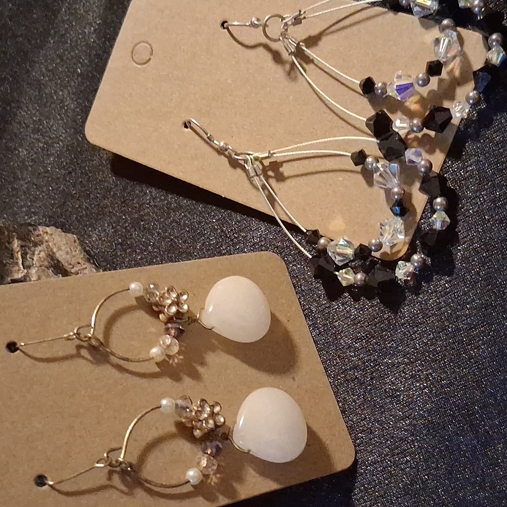 Beautiful Gold and Rose Quartz & Silver Crystal Dangle Hoop Earrings